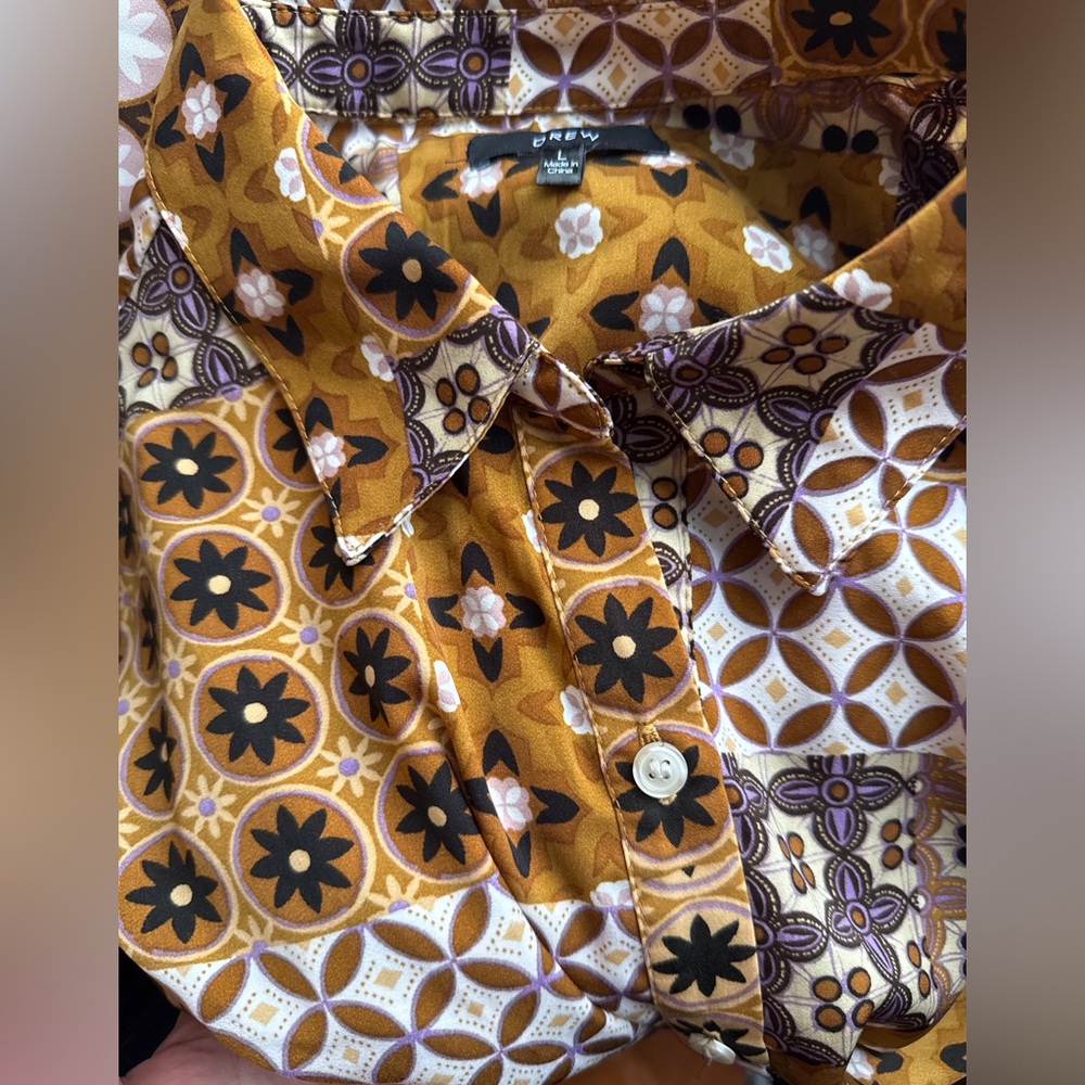 DREW Patchwork Print Gathered Front Button Up Blo… - image 5